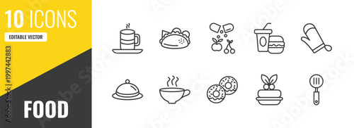 food outline icon set. 10 linear vector for ui, web and mobile. thin line warm cup and plate, mexican, vitamins icons.