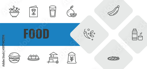 food outline icon set. linear vector for ui, web and mobile. thin line healthy nutrition, drinks menu, water glass icons.