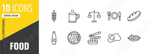 food outline icon set. 10 linear vector for ui, web and mobile. thin line ear of wheat, warm black mug, scale balanced tool icons.