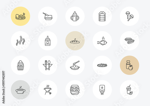 food outline icon set. linear vector for ui, web and mobile. thin line vegetarian food, worms, muffin bake icons.