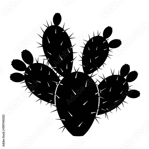 Silhouette of a prickly pear cactus with sharp spines, isolated on white background.