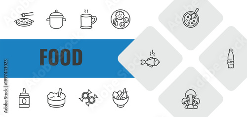 food outline icon set. linear vector for ui, web and mobile. thin line chinese food, kitchen pot, warm black mug icons.