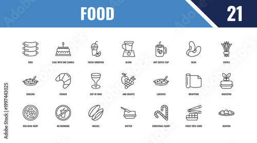 food outline icon set. linear vector for ui, web and mobile. thin line cake with one candle, chives, luosifen icons.