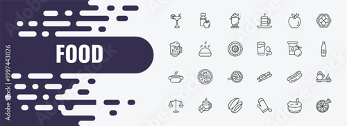 food outline icon set. linear vector for ui, web and mobile. thin line cider, stew, leaf icons.