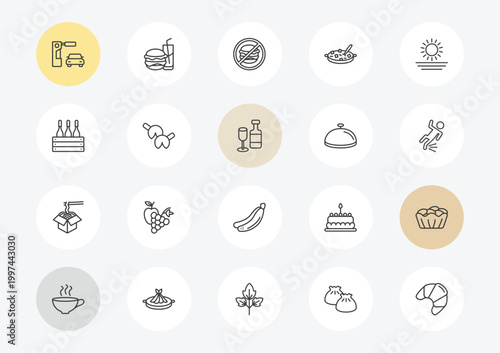 food outline icon set. linear vector for ui, web and mobile. thin line drive through, wine bottles in a box, chinese food box icons.