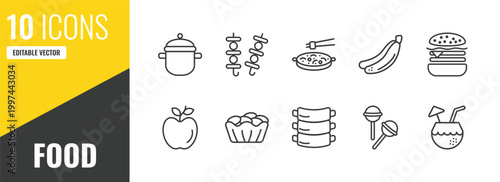 food outline icon set. 10 linear vector for ui, web and mobile. thin line kitchen pot, brochette, chinese food icons.