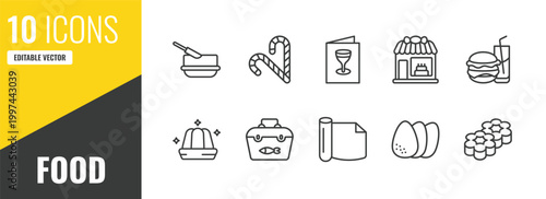 food outline icon set. 10 linear vector for ui, web and mobile. thin line butter, christmas candy sticks, drinks menu icons.