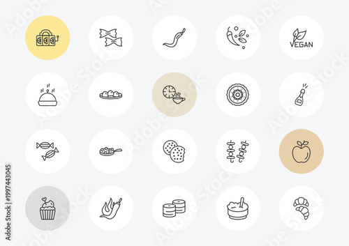 food outline icon set. linear vector for ui, web and mobile. thin line slot, serving dish, sugar container icons.