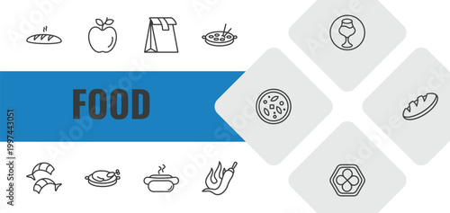 food outline icon set. linear vector for ui, web and mobile. thin line french bread, leaf, pack icons.