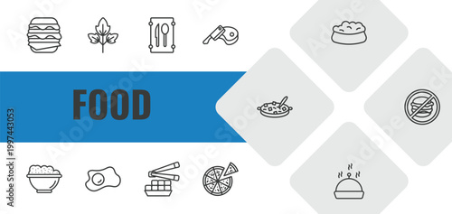 food outline icon set. linear vector for ui, web and mobile. thin line double burger, raspberry leaf, restaurant icons.