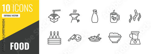 food outline icon set. 10 linear vector for ui, web and mobile. thin line chinese food box, grill, sake icons.