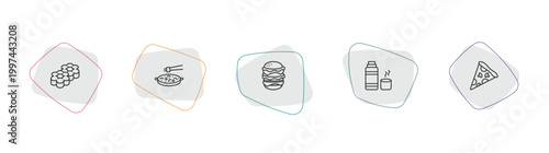 food outline icon set. linear vector for ui, web and mobile. thin line flower shaped biscuits, chinese food, hamburger with bacoon icons.