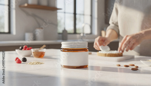 Sunlit breakfast scene with a premium white-labeled amber jar on marble