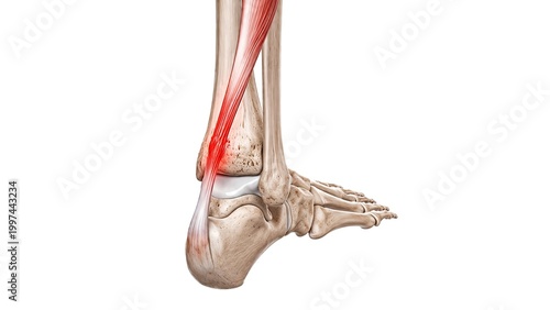 Ankle joint with Achilles tendon showing inflammation and skeletal anatomy isolated on white background