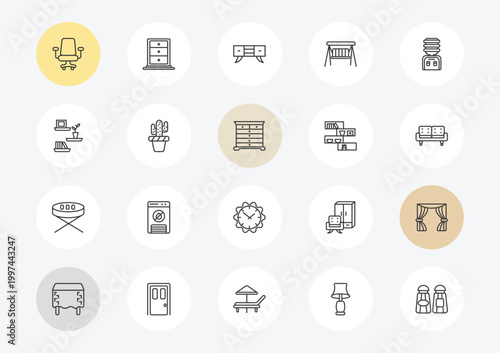 furniture & household outline icon set. linear vector for ui, web and mobile. thin line desk chair, wall shelves, card table icons.