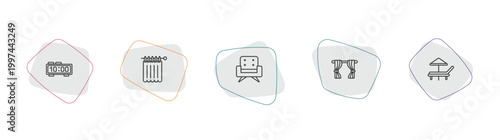 furniture & household outline icon set. linear vector for ui, web and mobile. thin line table clock, shower curtain, fauteuil icons.