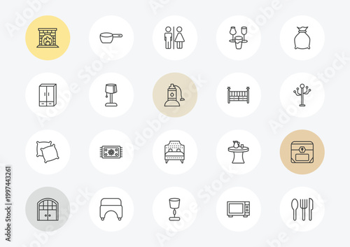 furniture & household outline icon set. linear vector for ui, web and mobile. thin line fireplace, cupboard, pillows icons.