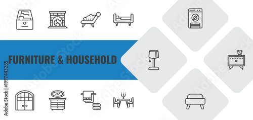 furniture & household outline icon set. linear vector for ui, web and mobile. thin line drawers, fireplace, fainting couch icons.