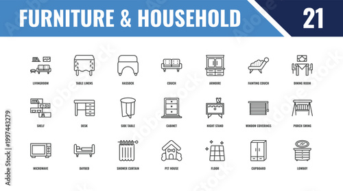 furniture & household outline icon set. linear vector for ui, web and mobile. thin line table linens, dining room, night stand icons.
