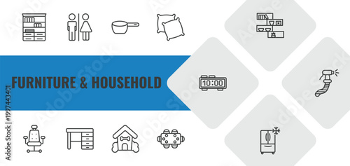 furniture & household outline icon set. linear vector for ui, web and mobile. thin line bookshelf, wc, small saucepan icons.