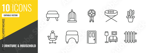 furniture & household outline icon set. 10 linear vector for ui, web and mobile. thin line ottoman, bird cage, adornment icons.