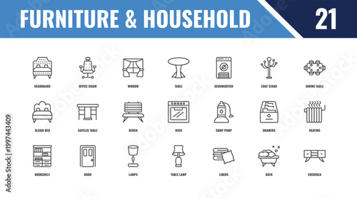 furniture & household outline icon set. linear vector for ui, web and mobile. thin line office chair, dining table, sump pump icons.