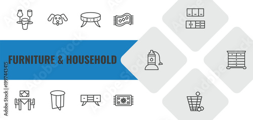 furniture & household outline icon set. linear vector for ui, web and mobile. thin line glassware, dog, coffee table icons.