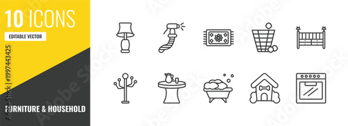 furniture & household outline icon set. 10 linear vector for ui, web and mobile. thin line table lamp, bidet, rug icons.