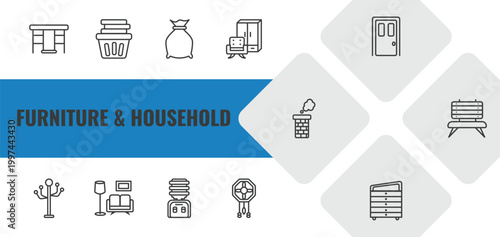 furniture & household outline icon set. linear vector for ui, web and mobile. thin line gateleg table, laundry hamper, garbage bags icons.