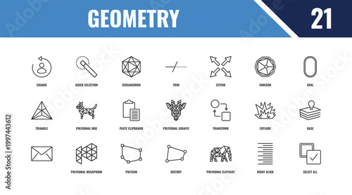 geometry outline icon set. linear vector for ui, web and mobile. thin line quick selection, oval, transform icons.