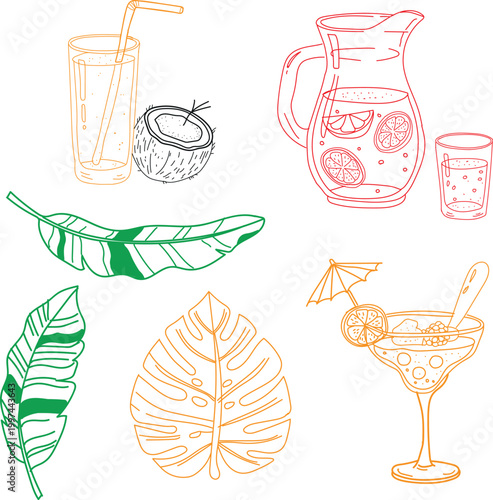 Charming collection of hand-drawn line art illustrations embodying summer and tropical vibes, showcasing refreshing drinks and exotic foliage. This vector set provides outlines of a stylish cocktail w
