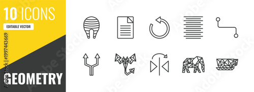 geometry outline icon set. 10 linear vector for ui, web and mobile. thin line fillet, text, rotate icons.