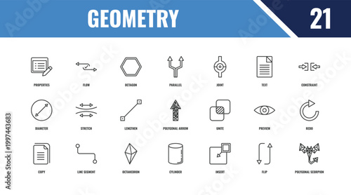 geometry outline icon set. linear vector for ui, web and mobile. thin line flow, constraint, unite icons.