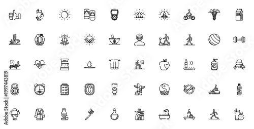 Wellness icon set. Healthy lifestyle vector icons pack. Includes symbols for meditation, exercise, nutrition, self-care, fitness and more. Editable stroke.