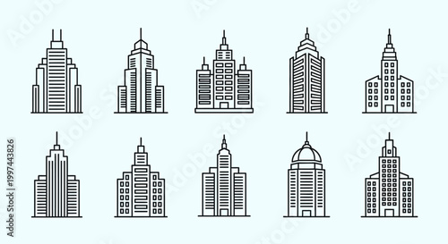 Black and white city skyscrapers icons.