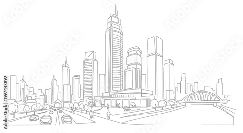 City Skyline with Skyscrapers and Bridge.