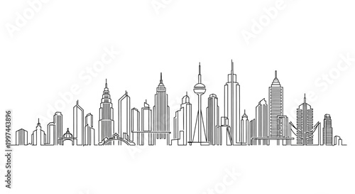 City skyline with tall buildings.