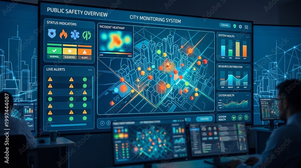 Fototapeta premium Man analyzing public safety data on interactive digital dashboards with graphs and heat maps in a dark control room environment