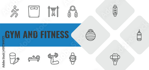 gym and fitness outline icon set. linear vector for ui, web and mobile. thin line stretching leg exercise, scale, bar exercising icons.