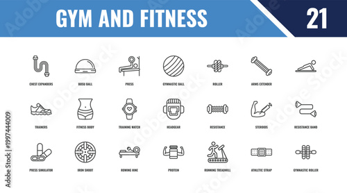 gym and fitness outline icon set. linear vector for ui, web and mobile. thin line bosu ball, , resistance icons.