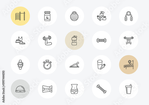 gym and fitness outline icon set. linear vector for ui, web and mobile. thin line tightening bar, sport wear, sport watch icons.