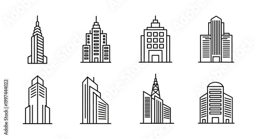 City Skyscrapers and Buildings Line Drawings.