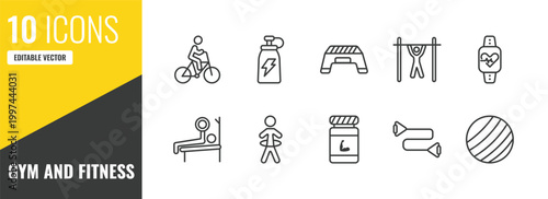 gym and fitness outline icon set. 10 linear vector for ui, web and mobile. thin line riding bicycle, fitness drink, fitness step icons.