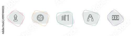 gym and fitness outline icon set. linear vector for ui, web and mobile. thin line boxing mannequin, weight drive, tightening bar icons.