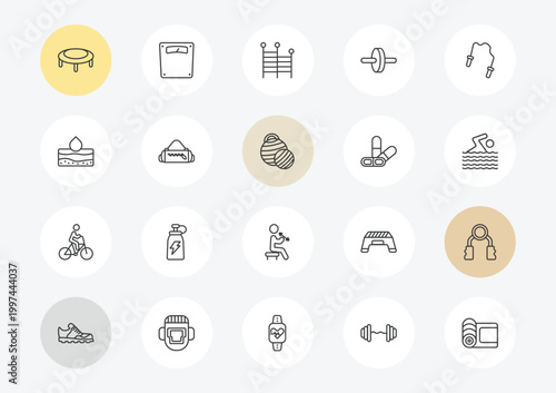 gym and fitness outline icon set. linear vector for ui, web and mobile. thin line trampoline, hydratation, riding bicycle icons.