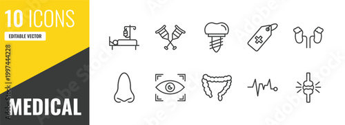 medical outline icon set. 10 linear vector for ui, web and mobile. thin line illness on bed, crutches couple, implants icons.