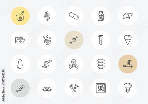 medical outline icon set. linear vector for ui, web and mobile. thin line medicines bowl, medical results folders, l icons.