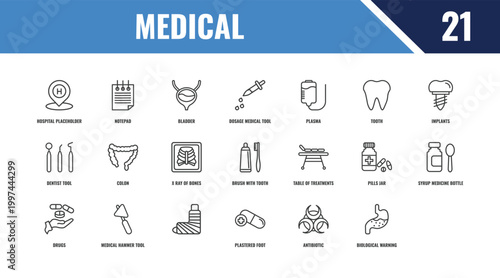 medical outline icon set. linear vector for ui, web and mobile. thin line notepad, implants, table of treatments icons.