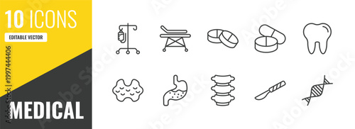 medical outline icon set. 10 linear vector for ui, web and mobile. thin line perfusion, hospital bed side view, tablets icons.