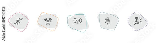 medical outline icon set. linear vector for ui, web and mobile. thin line acid falling on hand, crutches couple, kidney icons.